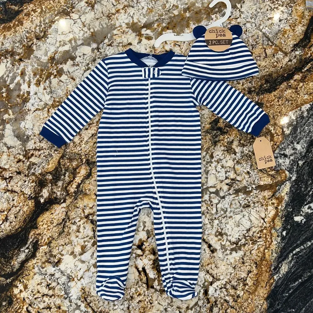 NWT Chick Pea Baby Boys Blue & White Footed Coverall and Hat, 2 Piece Set -6-9 M
